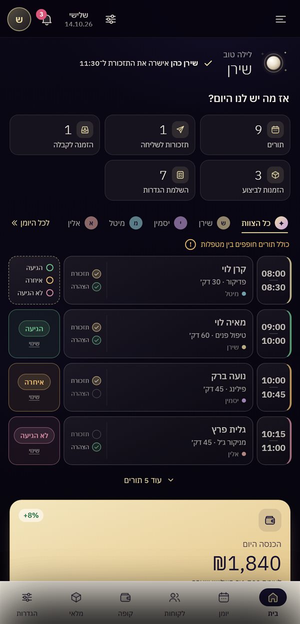 מסך הבית: מה יש היום, רשימת התורים עם סימון הגעה, והכנסה יומית